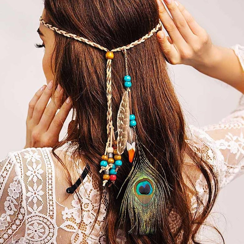 Campsis Indian Princess Peacock Feather Head Chain for Girl, Fashion Headband for Women. (Blue) - Image 1